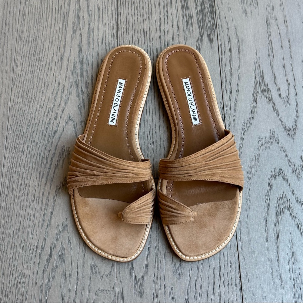 Manolo Blahnik Tan Suede Slide Sandals